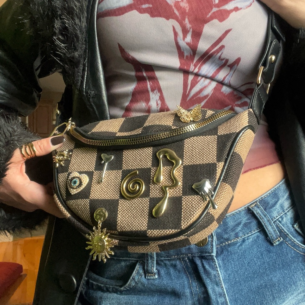 Checkered Brown and Black Crossbody Bag with Gold & Silver Charms